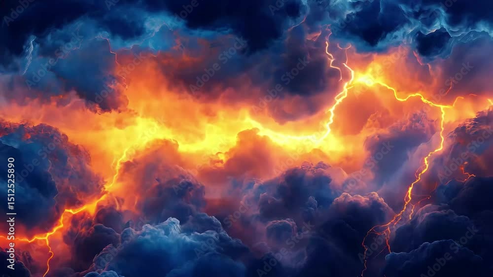 Aufkleber abstract digital painting of blue and orange lightning striking through clouds in a dynamic display 