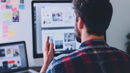 Focused individual reviewing digital images on multiple screens.