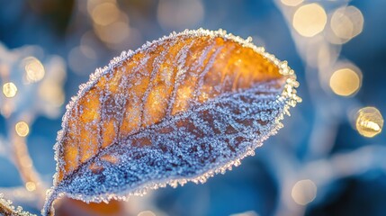 Frozen autumn leaf illuminated by morning light.