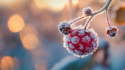 Frosted berry cluster in morning sunlight.