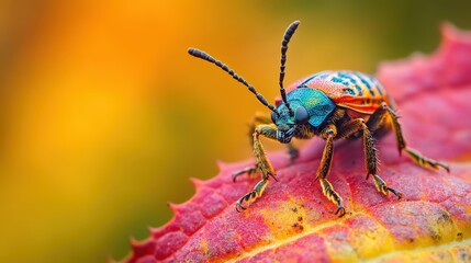 Vibrant colorful beetle on autumnal leaf close-up.