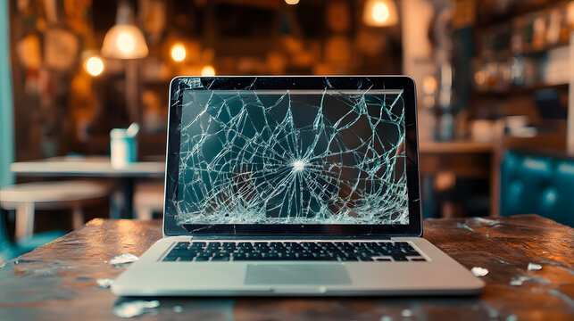 A broken laptop screen is shown on the table in a cafe. The display of an open MacBook has cracked glass and is visible,