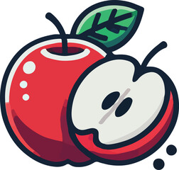 Vector illustration of a vibrant red apple whole and a halved cut slice with leaf