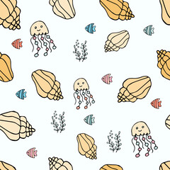 Seamless pattern with shells, fish, jellyfish on a light background, vector