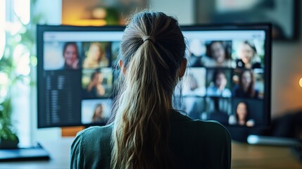 A woman participates in a virtual meeting through a computer screen.
