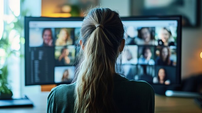 A woman participates in a virtual meeting through a computer screen.