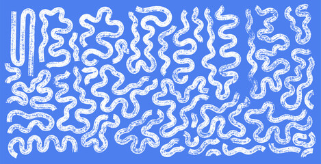 Abstract decorative with bold curved white brush lines, loops. Set of hand drawn banner design in grunge style. Vector bold brush drawn doodle lines, geometric, messy squiggles, grunge, scribbles.