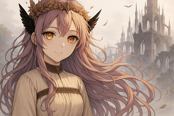 Beautiful anime girl with flowing purple hair and golden eyes wearing a medieval crown of leaves and black feathers, standing before mysterious ancient ruins in a fantasy world.