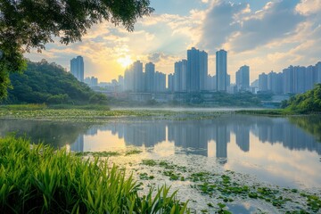 Urban skyline and tranquil wetland park under a stunning sunset, showcasing the harmony between nature and city life in a modern landscape