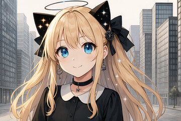 Charming anime girl with blonde hair, sparkling cat ears, and halo, dressed in black, posing in a detailed urban cityscape, digital fantasy portrait with magical and modern elements.