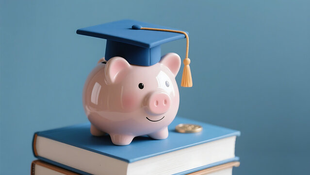 A cheerful pink piggy bank wearing a graduation cap sits atop a stack of blue books against a soft blue background. - Powered by Adobe