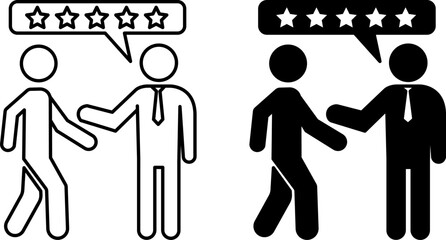 Review Icons. Black and White Vector Illustration. Man Gives Good Recommendation To Another Person. Analysis, Evaluation, Comment, or Discussion About Something. Influencer Concept