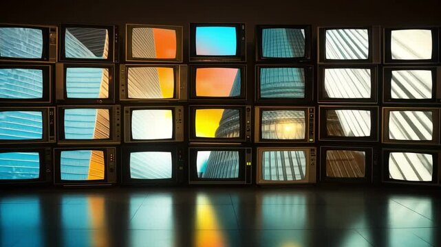 Various vintage televisions showing static interference and visual glitches create a unique aesthetic