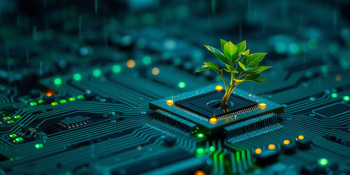 Green tree grows on circuit board. Eco-friendly tech concept. Green, sustainable tech. Image shows environmental responsibility in computer systems. Innovative eco computing concept