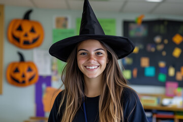 Young female Student Wearing Witch Hat Smiling in Elementary School Classroom with Halloween Pumpkin Decoration – Soft Light Portrait