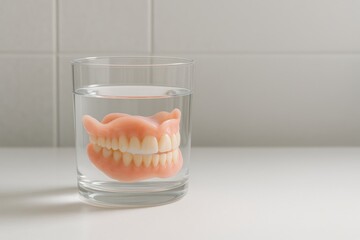 Dentures in Glass of Water on Bathroom Counter