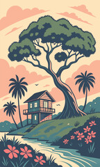 landscape with a house poster vector banner style retro