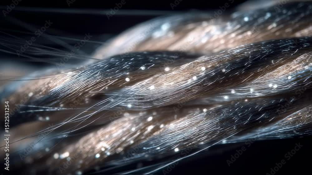 Poster plasma coated aramid fiber strand displaying intricate weave pattern with shimmering protective laye