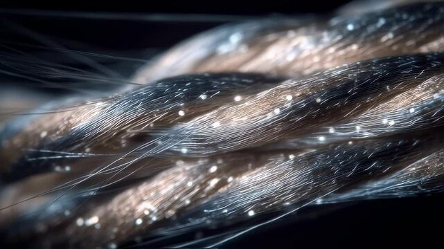 Plasma coated aramid fiber strand displaying intricate weave pattern with shimmering protective layer under high magnification microscopic view