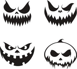 Set of Spooky Halloween Faces Silhouettes Featuring Various Creepy Styles

