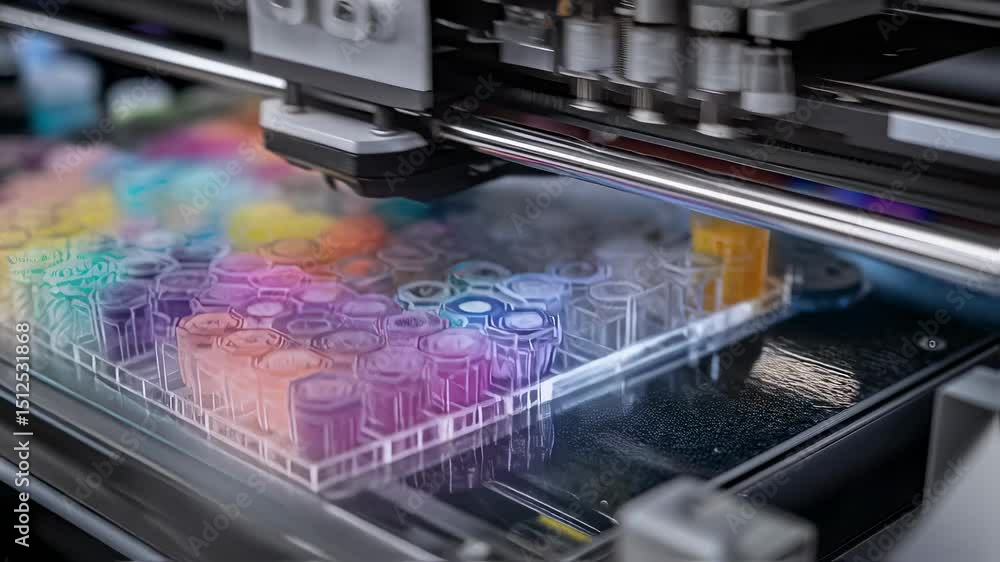 Poster precision driven robotic system methodically analyzing scientific samples in test tubes, highlightin