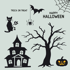 Obraz premium Big set of halloween silhouettes black icon and character. Design of witch, creepy and spooky elements for halloween decorations, sketch, icon, sticker. Hand drawn vector solated background