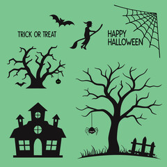 Big set of halloween silhouettes black icon and character. Design of witch, creepy and spooky elements for halloween decorations, sketch, icon, sticker. Hand drawn vector solated background