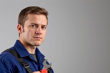 Skilled technician holding adjustable wrench with serious expression  
