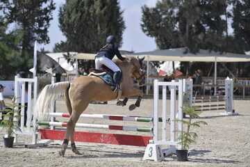 Equestrian Rider and Horse Clearing a Jump in a Showjumping Competition