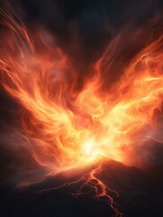 Fototapeta premium Digital illustration of a fiery explosion. the background is dark and the sky is filled with orange and yellow flames.