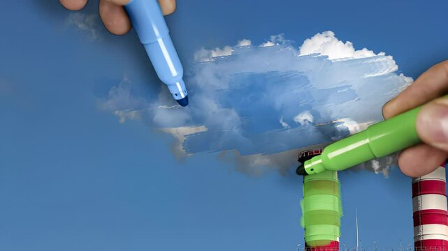 hands painting pollution blue and polluting chimneys green. Greenwashing malpractice concept