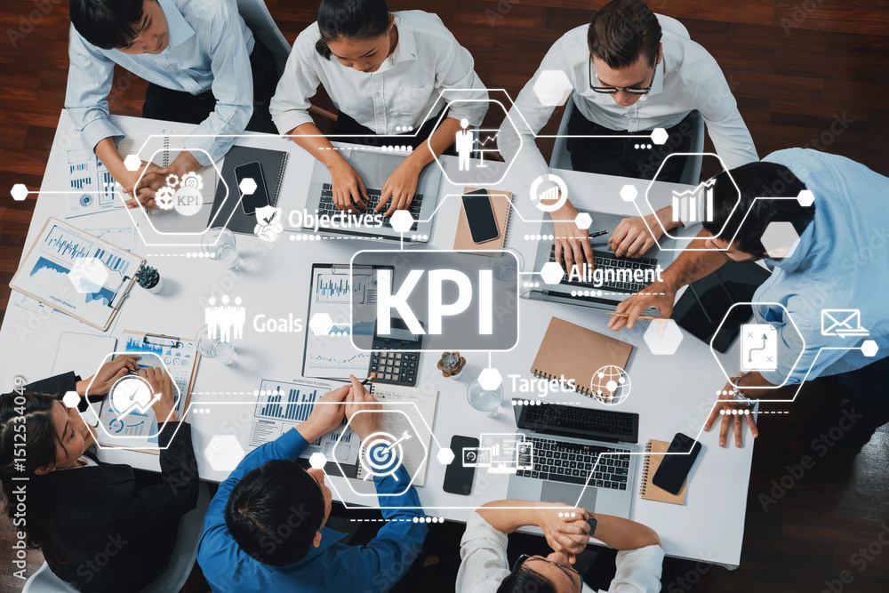 Poster a dynamic business meeting focused on key performance indicators (kpi), showcasing a team engaged in