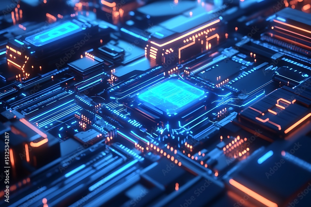 Poster artificial intelligence neural network formed by glowing blue circuits and floating digital nodes, f