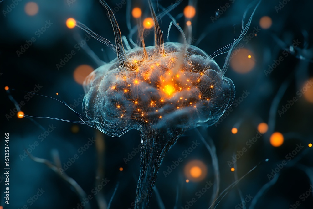 Poster bioluminescent ai brain structure made of interconnected fibers and luminous particles, dark abstrac