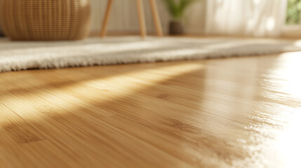 Warm indoor scene. Light streams across a shiny wood floor, creating a bright, inviting atmosphere. Natural textures and subtle details enhance the serene setting.