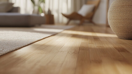 A bright, sun-drenched living space featuring a light wood floor, rug, and soft furniture. Natural light creates a warm, inviting atmosphere indoors.
