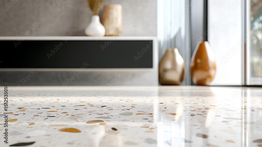 Poster detailed shot of a terrazzo floor with a blurred background featuring vases and a shelf in a modern 