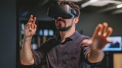 Focused person wearing VR headset, interacting with virtual space.