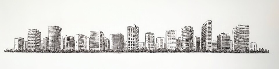 Cityscape Skyline Sketch With Trees, Buildings Hand Drawn in Black Ink
