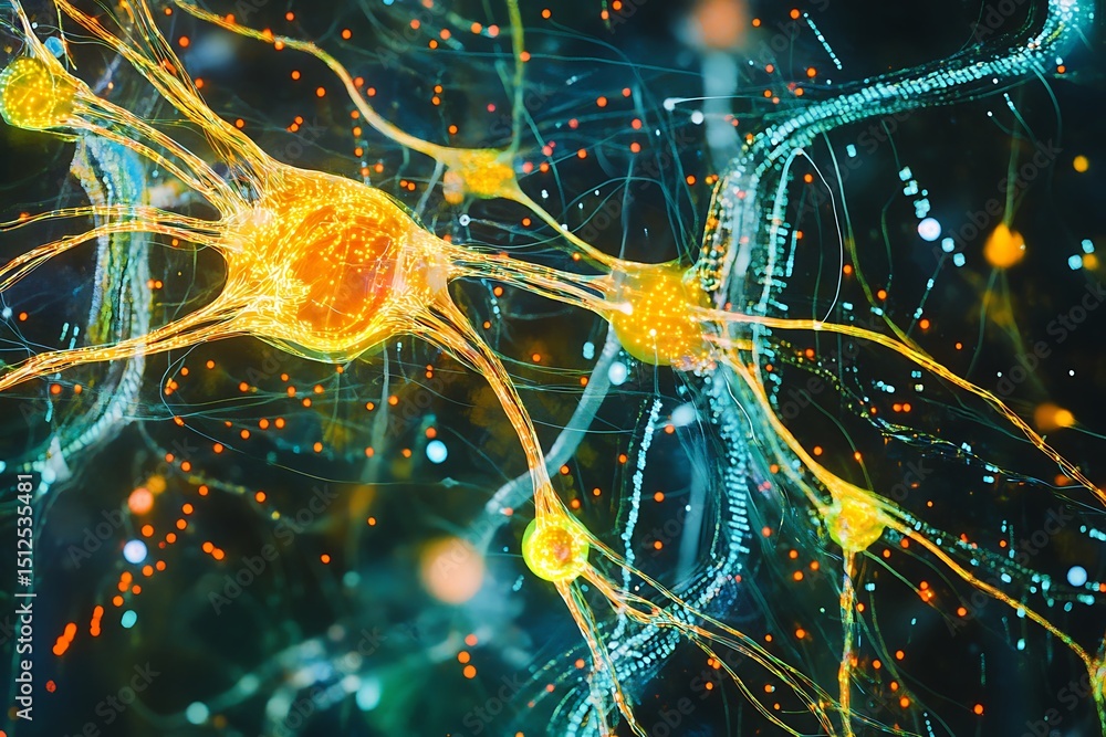Poster cybernetic brain network composed of electric tendrils and shimmering data streams, high-tech enviro