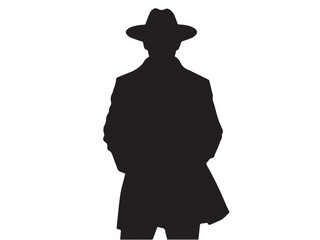 Detective silhouette. Old fashioned detective in hat on white background. Vector style silhouette.	

