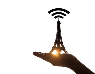 Silhouette of Eiffel Tower, wifi, hand
