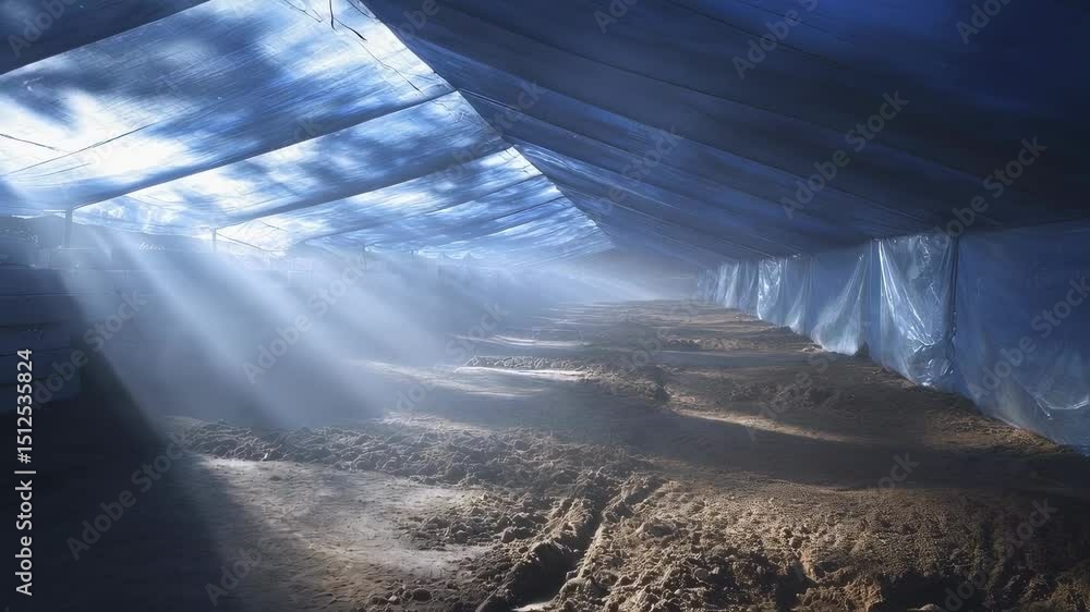 Poster sunlight filtering through translucent tarp, revealing rows of curing geopolymer bricks, highlightin