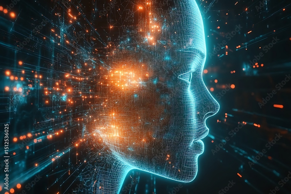 Poster digital ai mind map represented by radiant geometric nodes and linking pathways, minimalistic sci-fi