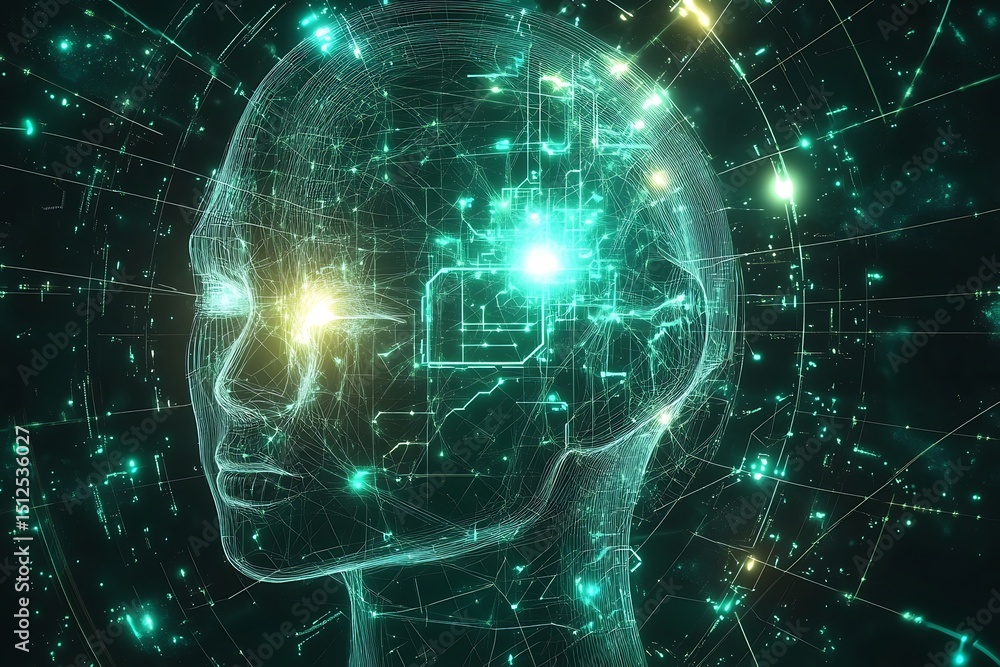 Poster digital ai mind map represented by radiant geometric nodes and linking pathways, minimalistic sci-fi