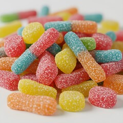 A close up shot of a pile of assorted colorful sour gummy candies on a white surface, studio shot
