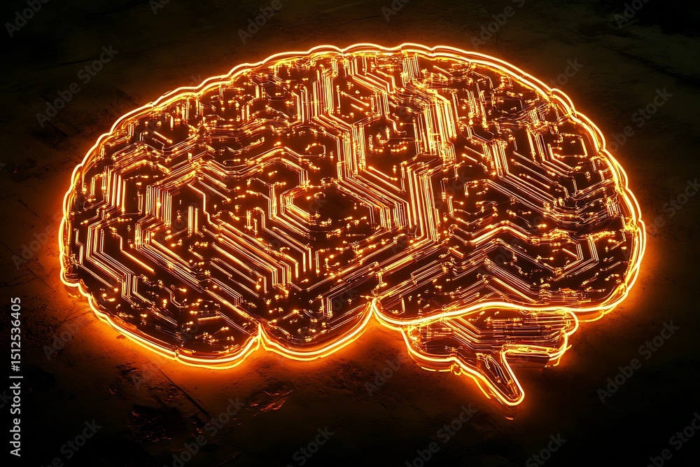Poster electric neon brain-shaped circuit board pulsing with flowing streams of information, dynamic tech v