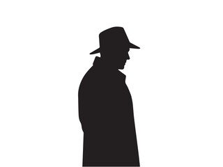 Detective silhouette. Old fashioned detective in hat on white background. Vector style silhouette.	
