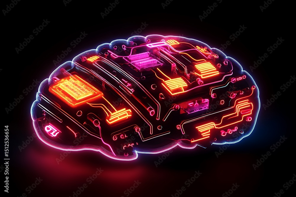 Poster electric neon brain-shaped circuit board pulsing with flowing streams of information, dynamic tech v