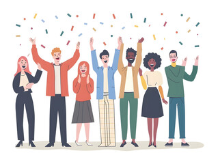 An illustrated diverse group of people celebrating success, cheering with confetti in a colorful setting.